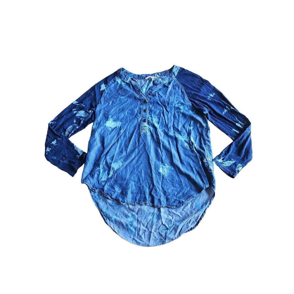 Soft surroundings womens Sz L blue tencel chambray denim tie dye Henley top
